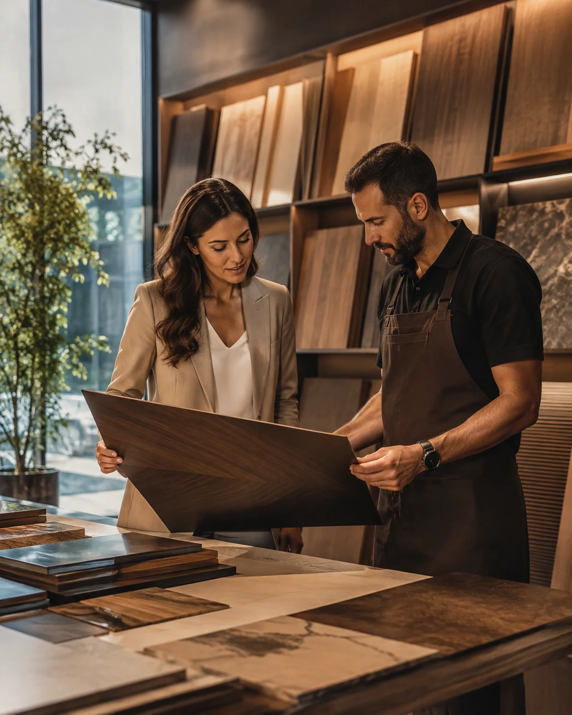 Wood materials experts reviewing premium decorative panels